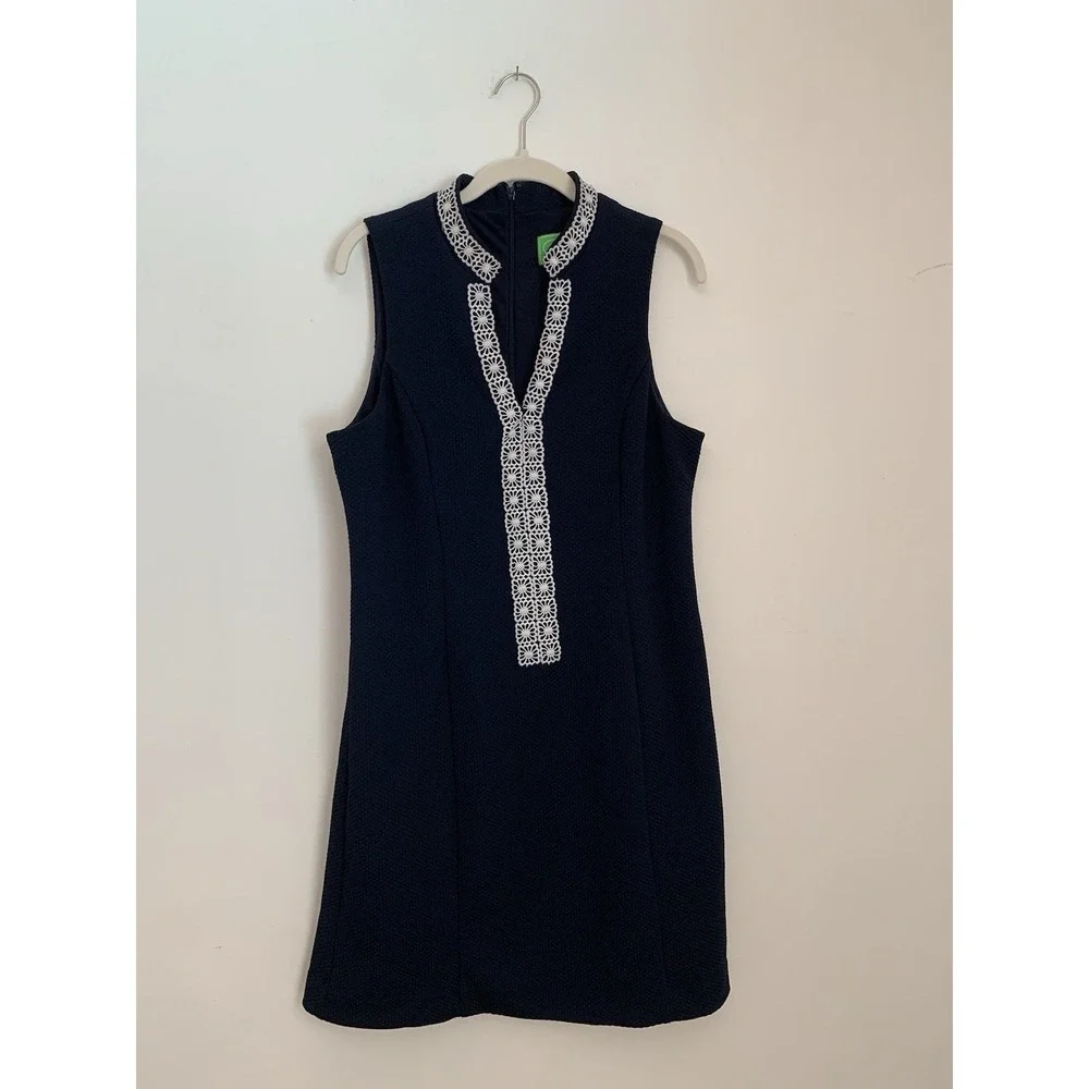 Pappagallo Sheath Dress Sz 10 Navy Blue White Lace Trim Sleeveless Career Preppy - Picture 1 of 10
